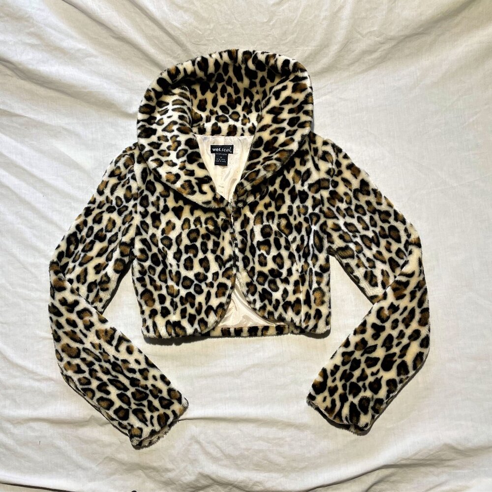 Wet Seal faux fur cheetah print leopard trim jacket womens small RN#78749